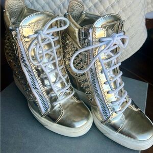 Authentic Giuseppe Zanotti gold studded wedge sneakers, size 37